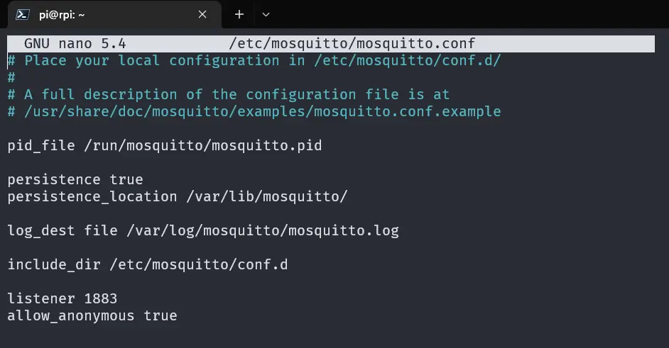 Configure file for Mosquitto MQTT broker