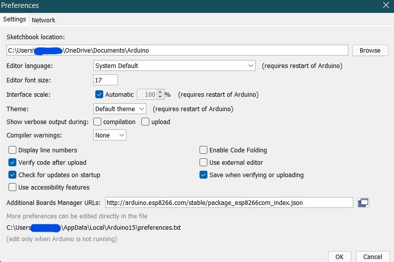 Arduino IDE Preferences Page